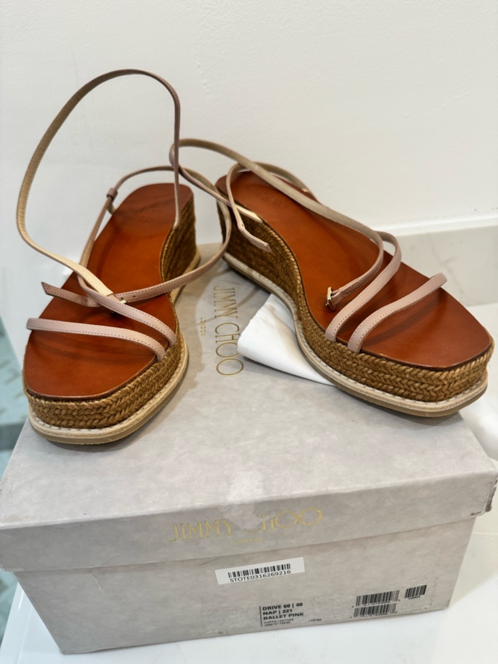 Jimmy Choo Pink Leather Espadrille Wedge Sandals with Tan Footbed